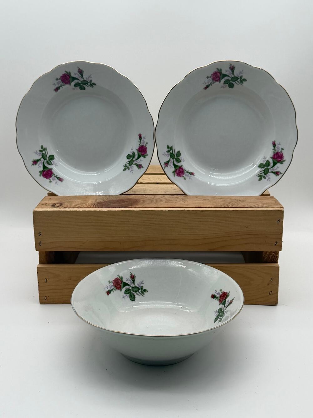 Vintage Porcelain Floral Soup Plates & Serving Bowl Set - 3 Piece Set